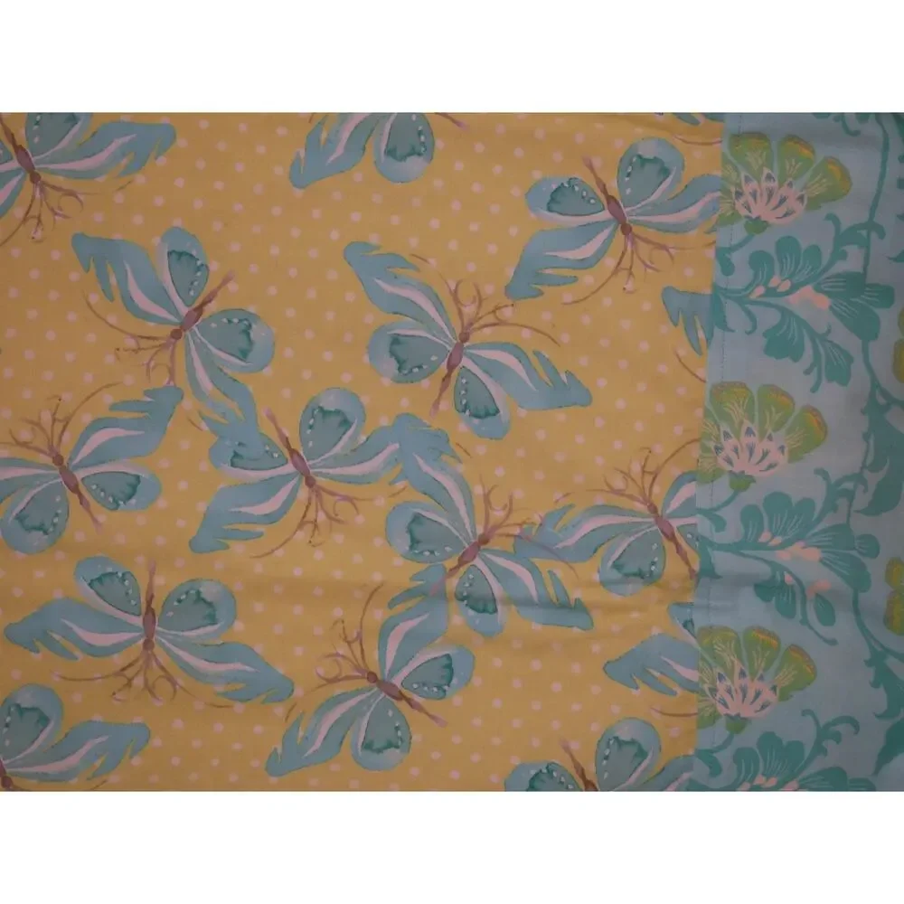Butterfly Pillowcase, Handmade Cotton, Turquoise Floral Border, Ribbon Closure
